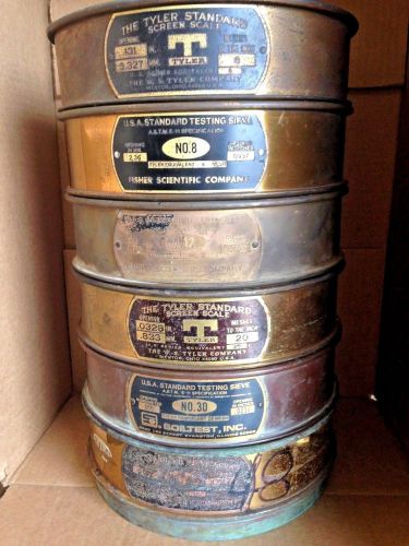 6 vintage brass testing sieves no. 6, 8, 12, 20, 30, 50 and 2&#034; base catch pan for sale