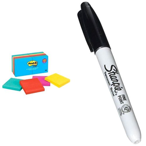 Sharpie Permanent Markers, Fine Point, Black, 12-Count and Post-it Notes, Jaipur