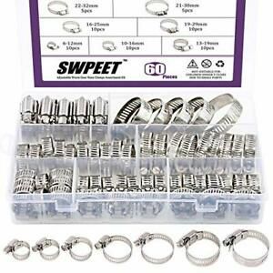 Swpeet 60Pcs Assorted Sizes Hose Clamps Kit, 304 Stainless Steel Adjustable 6-38