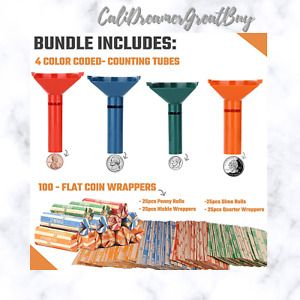 Coin Counters and Coin Sorters Tubes Bundle of 4, 100 Assorted Coin Wrappers