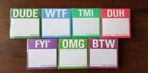 NEW: Lot of 7 Packs of Sticky Notes by Knock Knock - Funny, Acronyms - WTF, TMI+