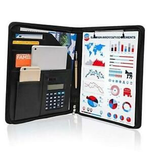 Business Zippered Portfolio Padfolio PU Leather Folder Interview Resume Black
