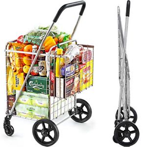 Wellmax Shopping Cart with Wheels, Metal Grocery Cart with Wheels, Shopping for