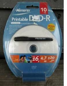 NEW MEMOREX 10pk PRINTABLE DVD-R DISKS