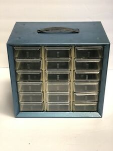 Small Parts Storage Cabinet AKRO-MILLS A-M Metal 18 Drawers Blue
