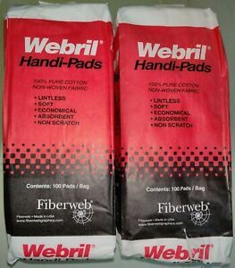 WEBRIL HANDI PADS 4 x 4 Pure Cotton 100 Bag ~ Lot of 2
