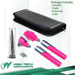 New Fiber Optic Otoscope Ophthalmoscope Examination LED Diagnostic ENT Set Pink