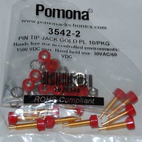 Pomona 3542-2, 2mm, Gold Plated Pin Tip Jacks, 10-Pack, 1500 VDC Max, 5 Amp, Red
