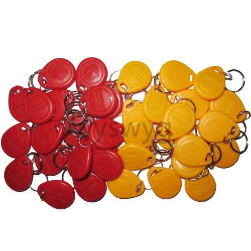 100pcs 125khz rfid id em4100 proximity induction tag token keyfob red &amp; yellow for sale