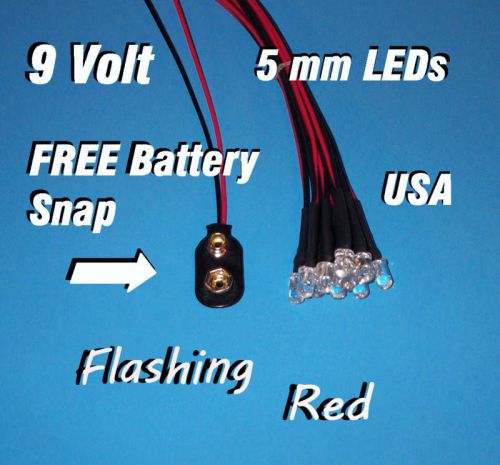 10 x led - 5mm pre wired 9 volt red flashing 9v blink prewired for sale