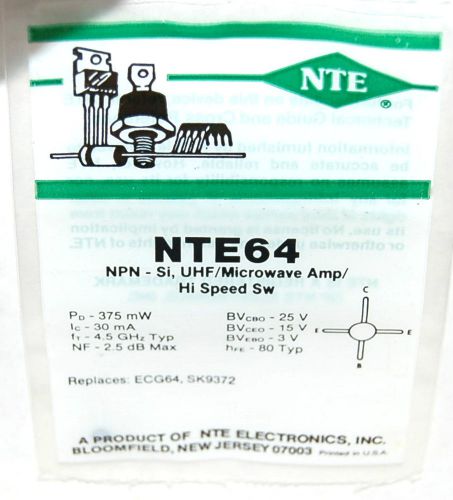 NTE NTE64 NPN Si UHF MICROWAVE AMP HI SPEED SWITCH EQUIV to ECG64 SK9372