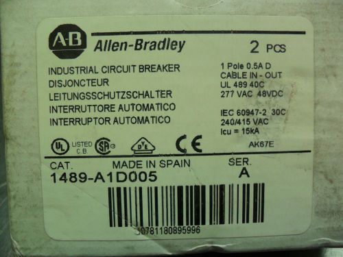 QTY 2 - ALLEN BRADLEY 1489-A1D005 CIRCUIT BREAKER 1 POLE 0.5A SER A  Free Ship