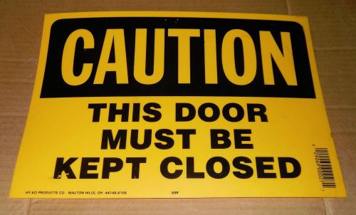 CAUTION,Door Must Be Kept Closed! 14&#034;x10&#034; Safety Sign! Black/Yellow! Good Cond!