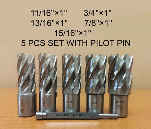 5 ps/set 11/16&#034; to 15/16&#034; hss annular cutters 1&#034; cutting depth w/ pilot pin, #g1 for sale
