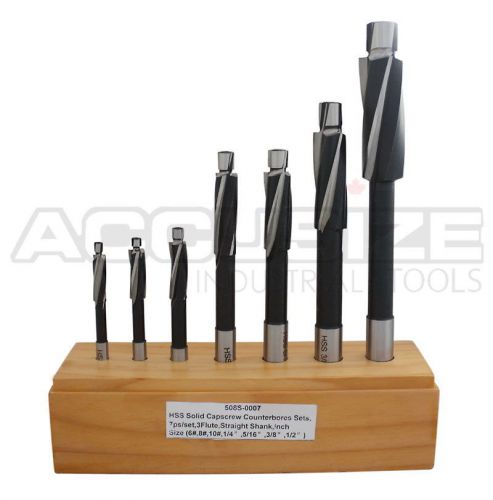 Hss solid capscrew counterbore 7 pcs/set, 3 flute, straight shank, #508s-0007 for sale
