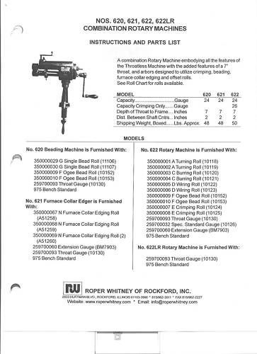 Pexto Roper Whitney 620, 621, 622 &amp; 622LR  Owner Manual