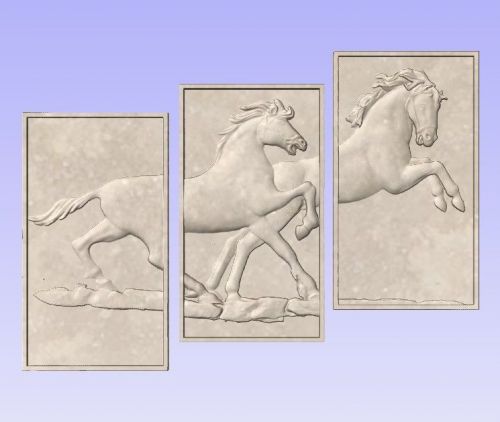 3D STL Triptico beautiful horses embossed for Vectric Aspire or Artcam