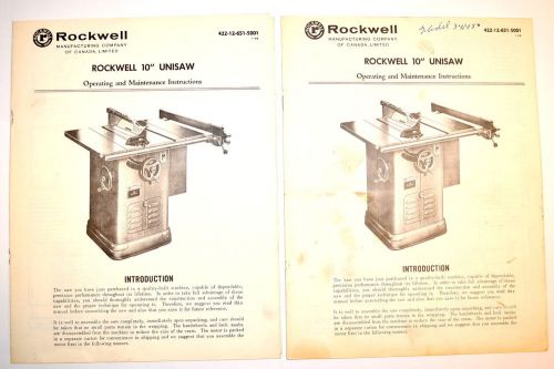 2 rockwell 10&#034; unisaw: operating &amp; maintenance instructions #rr102 1968 for sale