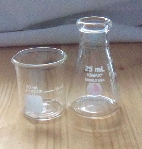 Lot of 2 mini 25ml kimax no.26500 erlenmeyer flask &amp; 20ml pyrex beaker no.1000 for sale