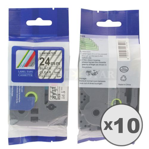 10pk transparent on black tape label for brother p-touch tz tze 151 24mm 1&#034; for sale