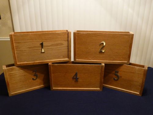 FILE HOLDERS- WALL MOUNTED- OAK FINISH- (5) UNITS- PRE OWNED