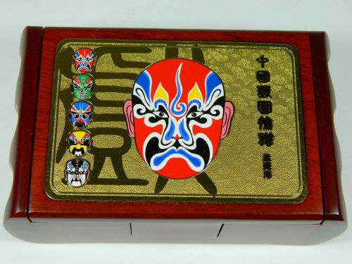 Wood Business Card Case,Inlaid Enameled Metal Piece,Chinese Drama Facial Make-Up