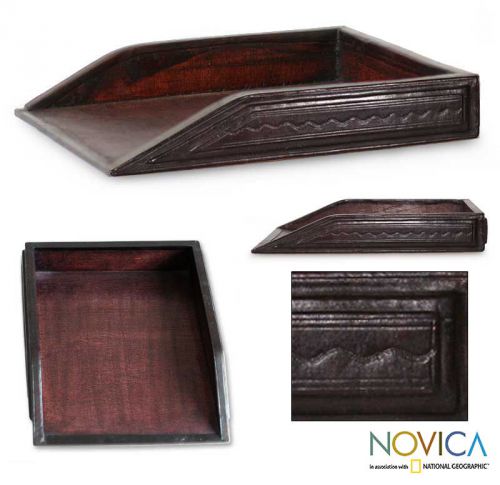 African Desk Tray Brown Leather and Wood Handmade &#039;Paper House&#039; NOVICA Ghana