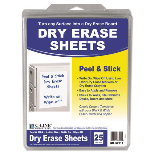 Peel and Stick Dry Erase Sheets, 8 1/2 x 11, White, 25 Sheets/Box