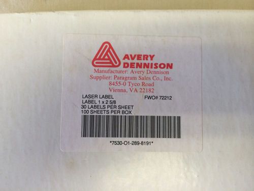 Avery Dennison Laser label 1&#034; x 2 5/8&#034; 30 Labels Per Sheet 100 Sheets