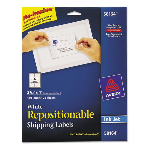 Repositionable Shipping Labels for Inkjet Printers, 3 1/3 x 4, White, 150/Box