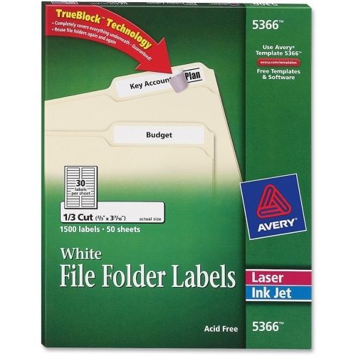 Avery filing label - 0.66&#034;wx3.43&#034;,0.33&#034;l - 1500/box - laser, inkjet -white for sale