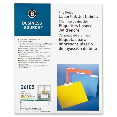 Business Source File Folder Label - 0.66&#034; Width x 3.43&#034; L - 1500/Pack - Green