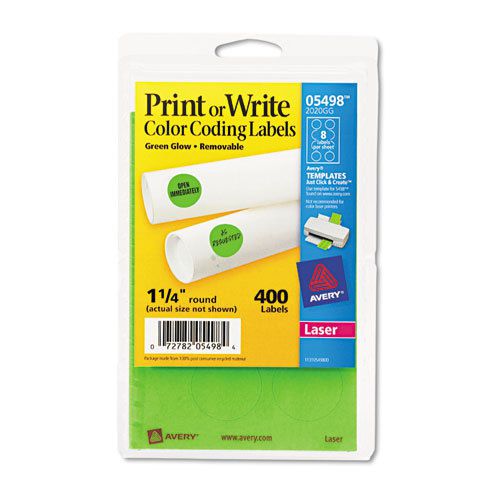 Print or Write Removable Color-Coding Labels, 1-1/4in dia, Neon Green, 400/Pack