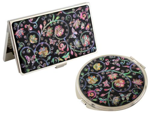 Nacre arabesque Business card holder case Makeup compact mirror gift set #24