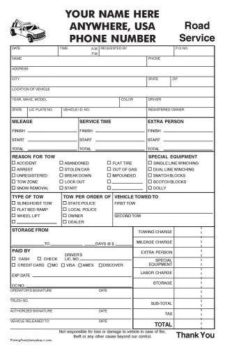 1,000 2-part Towing Invoice - Road Service Form
