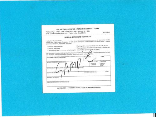 JJ Keller 651-FS-L2   Medical Examiners Certificate Carbon Copy