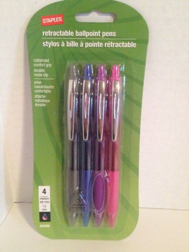 Staples Retractable Ballpoint Pen Rubberized Comfort Grip 4 pack Multi Color NWT