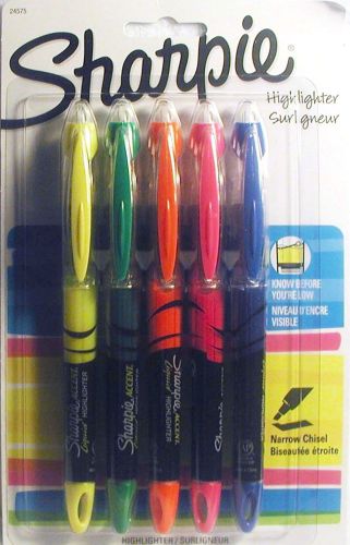 1 New Pkg 5 Assorted Colors Sharpie Fluorescent Highlighter Pens Narrow Chisel