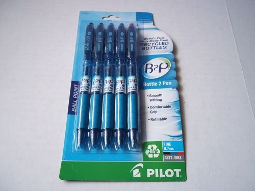 Pilot B2P pens(5). Made from recycled bottles. 2 black, 2 blue, 1 red. USA. New.