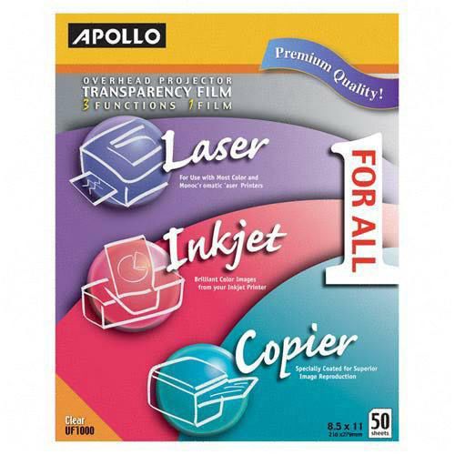 Apollo UF1000E All Purpose Transparency Film, 8 1/2&#034; x 11&#034;. Sold as Box of 50