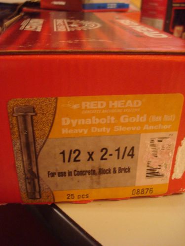 Red Head Dynabolt Gold Hex Nutl 08876 Concrete Sleeve Anchor,1/2 x 2-1/4, Qty 25