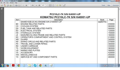 KOMATSU PC210LC -7K PC210NLC -7K PARTS  BOOK MANUAL