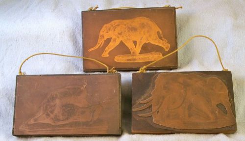 3 PRINTERS STAMP BLOCKS 1930? ANTIQUE METAL COPPER WOOLLY MAMMOTH ELEPHANT LION