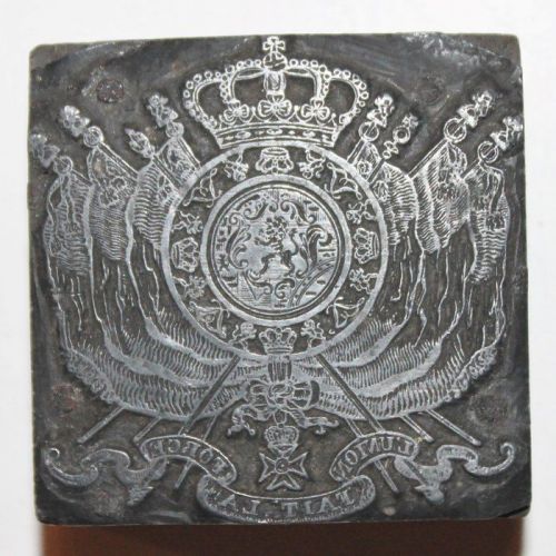 Old art printing stamp, coat of arms belgium, l&#039;union fait la force for sale