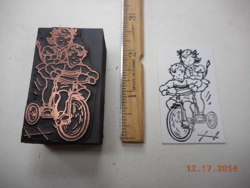 Letterpress Printing Printers Block, Boy &amp; Girl Riding Double on Tricycle