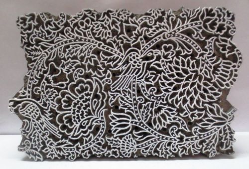 INDIAN WOODEN HAND CARVED TEXTILE PRINT FABRIC BLOCK STAMP BIRDS N FLORAL LARGE