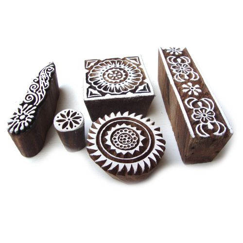 Hand Carved Multi Floral Pattern Wooden Block Printng Indian Tags (Set of 5)