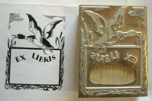 Letterpress print block bookplate of Ex Libris Flying Duck  2 3/8&#034; X 3 1/8&#034;