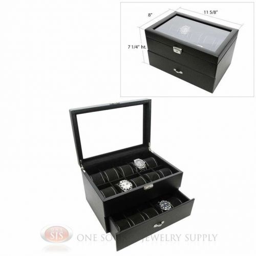20 Watch Glass Top Black Carbon Fiber Pattern Faux Leather Watch Case Display