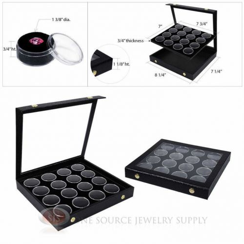 (2) Black 16 Gem Jar Inserts w/ Snap Acrylic Display Cases Gemstone Jewelry